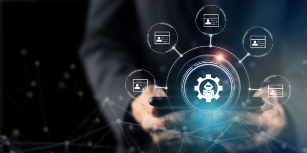 Automated process and data driven analytics concept. Using robot, ai, artificial intelligence for big data analytics and automated process of marketing, human resources, financial management.